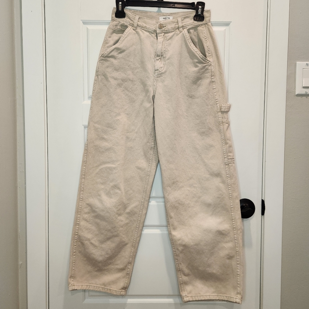 Sz 1 (Sz 25) 100% Cotton Beige High Rise Straight Leg Carpenter Pants Jeans - Picture 3 of 7